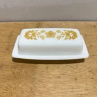 Vintage Pyrex Butterfly Gold Butter Dish with Lid White Milk Glass MCM Kitchen