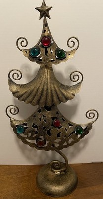 24  Metal Christmas Tree Distressed Black with Gold Bejeweled 