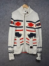 Superdry Cardigan Mens Size UK Medium Cream Cotton Buffalo Pattern Knit Jumper