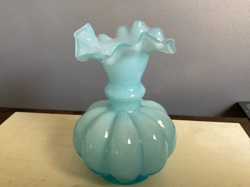 Vtg Fenton Blue Cased Melon Vase Ruffle 4 3/4 in ~  4.75" NO DAMAGE