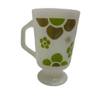 Vintage Milk Glass Footed Pedestal Mug Green Brown Floral Mod Retro Coffee Cup