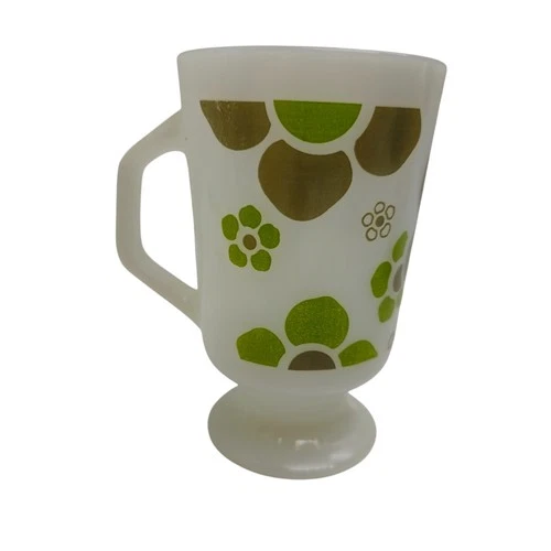 Vintage Milk Glass Footed Pedestal Mug Green Brown Floral Mod Retro Coffee Cup