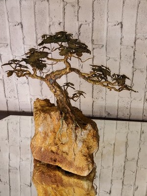 MCM Brutalist Dripped Copper Bonsai tree sculpture Mounted on porous stone base.