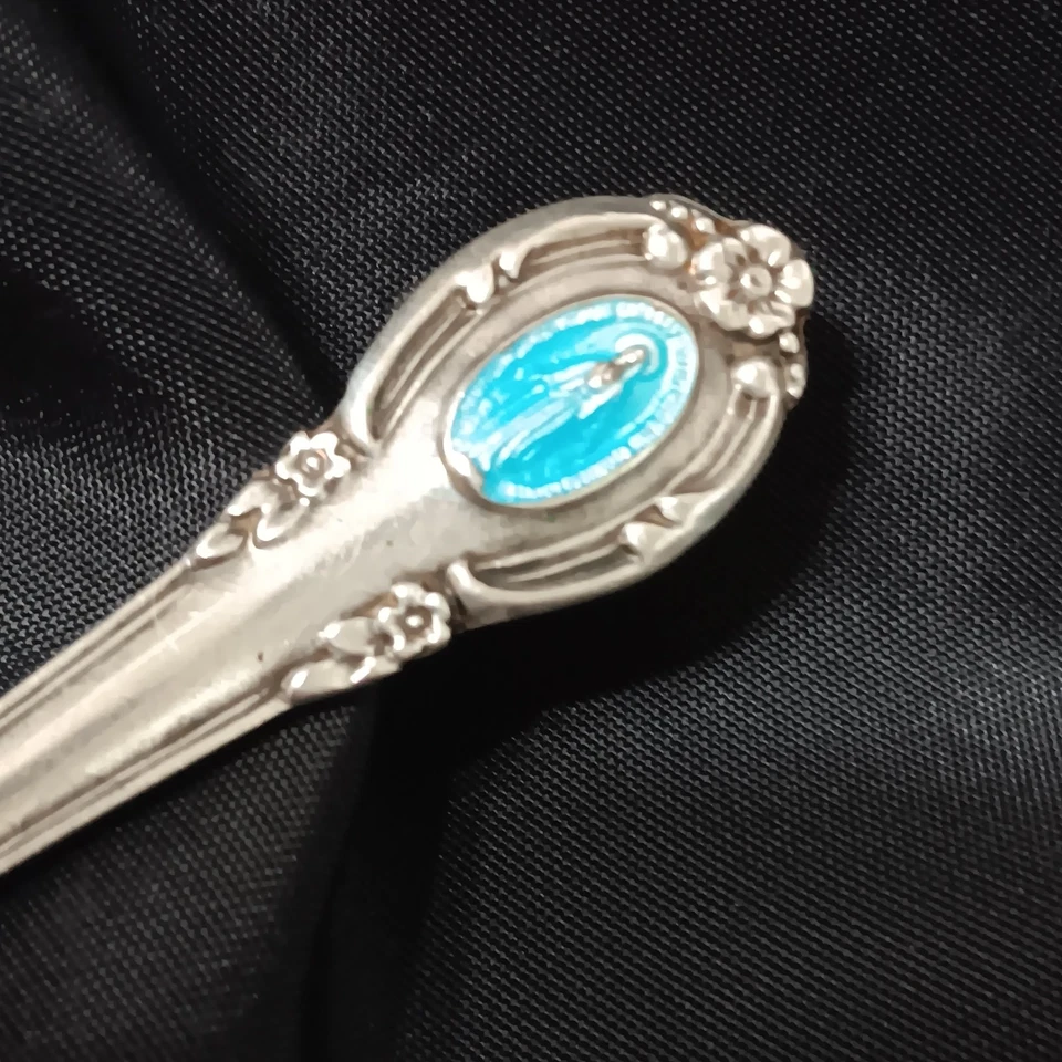 Cuchara esterlina de colección Creed IHM María bautizo bautizo alimentación bebé esmalte azul Foto 2 de 4