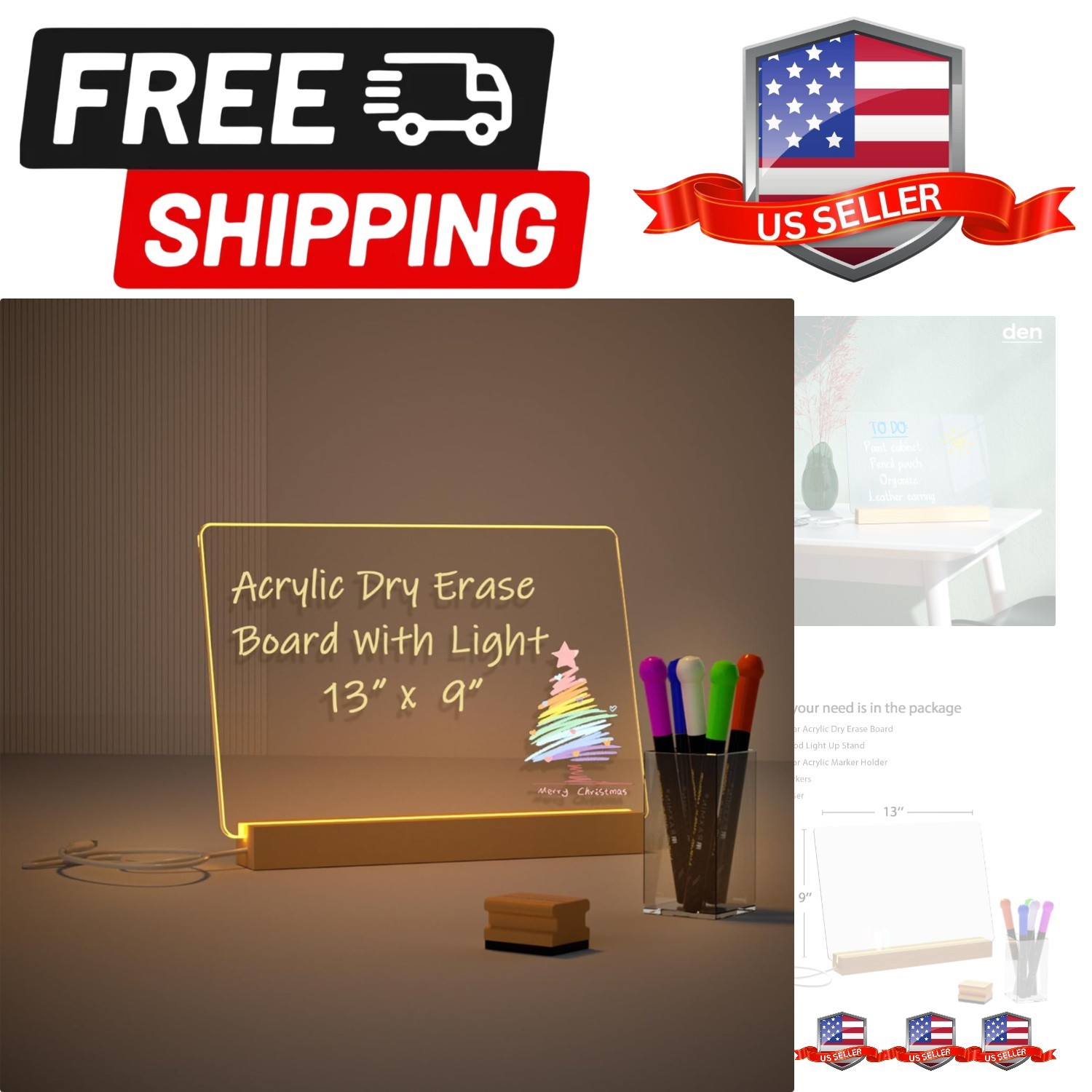 Light Up Clear Dry Drase Board 13 x 9 inch with 5 Markers, Acrylic Lighting M...