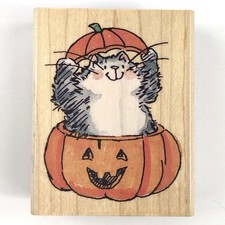 Penny Black Beware Of Cat #2252F Wood Rubber Stamp - Halloween Cat In Pumpkin