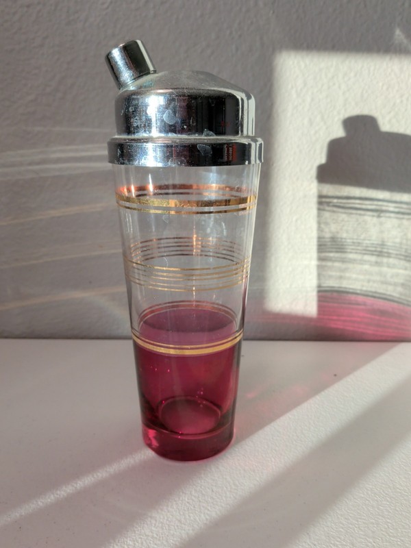 Cocktail Shaker Red W Gold Stripe Glass MCM Deco Chrome Cap