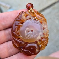 Chinese Antique Agate Carved Pendant Cat / Squirrel & bird c19th QING necklace