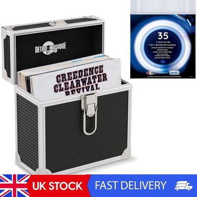 Retro Chic 7'' Vinyl Record Storage Case with 35 Sleeves - Durable & Portable