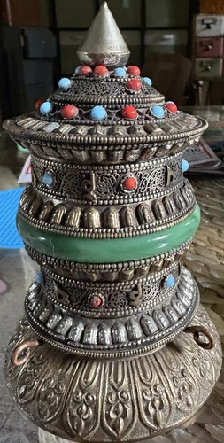 Tibetan Buddhist Handcrafted Spinning Prayer Wheel Tabletop Stand With Scroll 5"