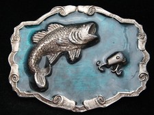 OC29108 VINTAGE 1970s LARGE MOUTH BASS LURE FISHING PEWTER BELT BUCKLE