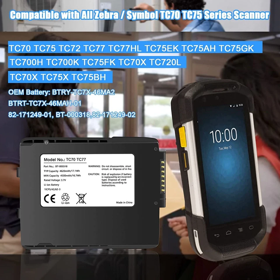 Batería 10X BT-000318 TC70 para escáner Zebra TC75 TC7X serie BTRY-TC7X-46MPP-01 Foto 3 de 4