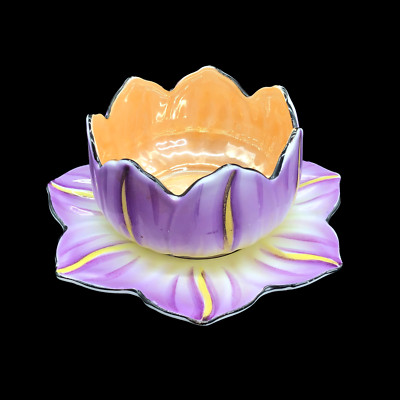 Vtg Lusterware Lotus Flower Purple Peach Bowl Saucer Plate Set Handpainted Japan