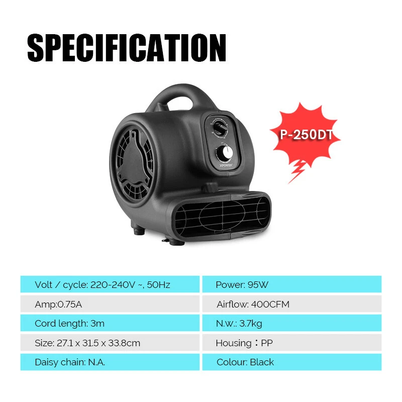 XPower P-250DT Air Mover Fan Dryer Blower Timer Slipper-Getriebe mit Gelperlen - Bild 2 von 4