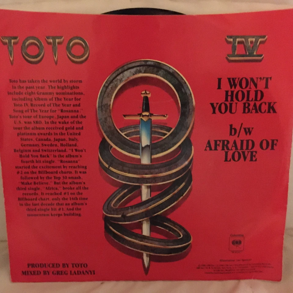 TOTO   45  SINGLE  VINYL ,  I WON,T HOLD YOU BACK / AFRAID OF LOVE - Image 2 of 2