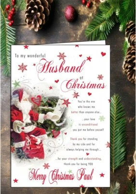 Personalised Christmas Card Husband Partner Fiancé Wife Fiancée Santa with verse