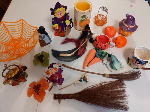 Halloween Decor Pumpkins Mugs Basket Witch Broom Candles Seasonal Decor 