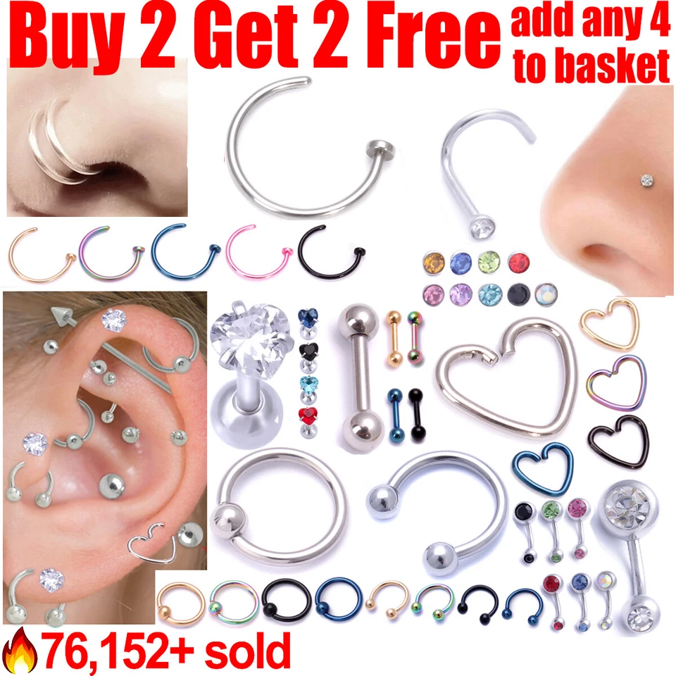 Surgical Steel Helix Tragus Daith Stud Ring Nose Ring Stud Belly Bar Piercing - Image 1 of 1
