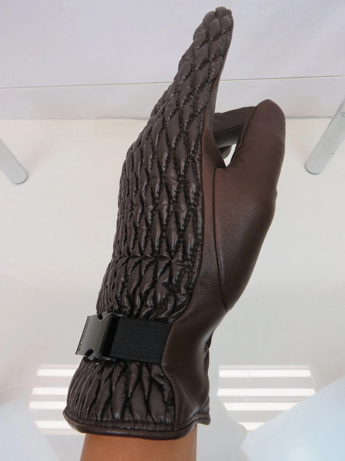 NEW $745 MONCLER QUILTED LEATHER WOOL LINING BROWN WINTER WOMEN GLOVES L ITALY