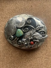 Native Style Nickel Silver Belt Buckle  Needs Repair  Turquoise Coral Stones