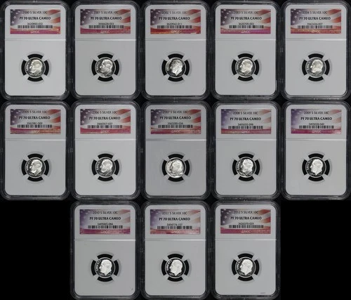 2000-2012-S Silver Roosevelt Dime 13 Coin Set NGC PF-70 Ultra Cameo Flag Label