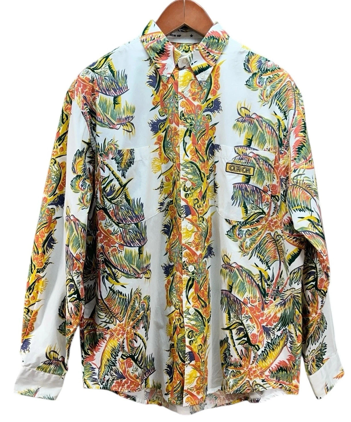 Cinch Shirt Men M Ling Sleeve Button Up Palm Tree Hawaiian Woven Cotton