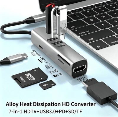 7in1 Type C Hub USB3.0 4K HDMI PD 100W SD/TF Portable Adapter For MacBook/Laptop