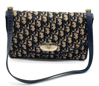 Auth Christian Dior Trotter Canvas Leather Navy beige Shoulder Bag NS031219