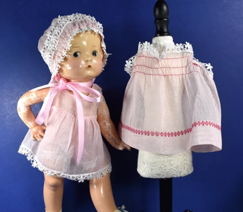 Real Vintage 3 Piece Pink Dress, Bonnet, Romper Outfit Shown on 14" Patsy Doll