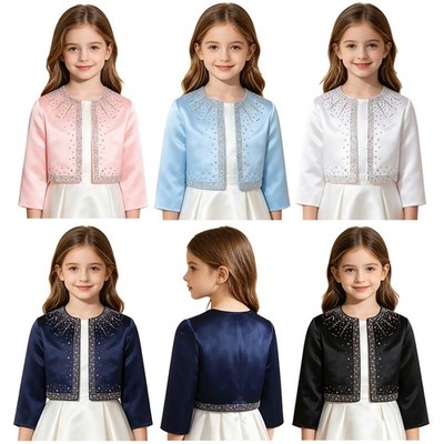 Kids Girls Bolero Cape Jacket First Communion Shrug Dressy Rhinestone Princess