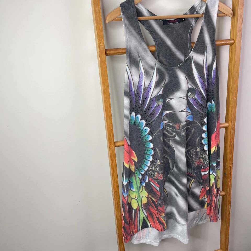 Ed Hardy Mini Tank Dress Womens Large Grey Graphic Print Scoop Neck Sleeveless - image 2 of 4