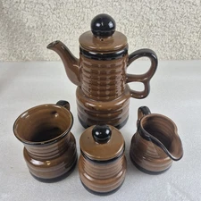 Vintage 1960s Japan Glazed Ribbed Ceramic Coffee Tea Set Pot Sugar Mug 6-Pc
