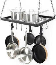 Soduku Ceiling-Mounted Hanging Pot & Pan Rack w/ Shelf Grid - Metal w/Wood Frame