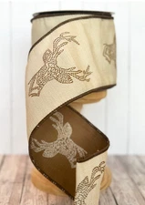 New Vickerman Natural Tan w/ Embroidered Reindeer 4" x 10' Designer Wired Ribbon