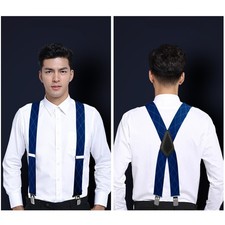 Mens X Shape Braces Adjustable Elastic Suspenders 50mm Wide Clip On Deep Blue
