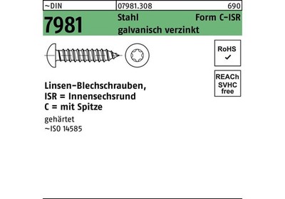 Reyher Blechschraube DIN 7981 LIKO m.Innensechsrund 3,5 x 16 -C-T15 Stahl gal...