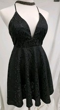Short Sexy Dress Black Gothic Party Prom  Jacquard Flair V Neck  Homecoming XS