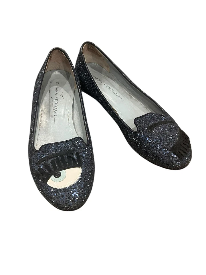 Chiara Ferragni Flirting Glitter Wink Eye Loafer Shoes Blue Slip On Italy 36 - Image 2 of 4