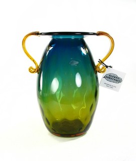 Blenko Glass Desert Green w/ Topaz 2 Handled 9.5" Optic Vase Original Tags