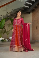 Presenting Faux Blooming Fabric Pink Gown With Dupatta For Wedding Wear