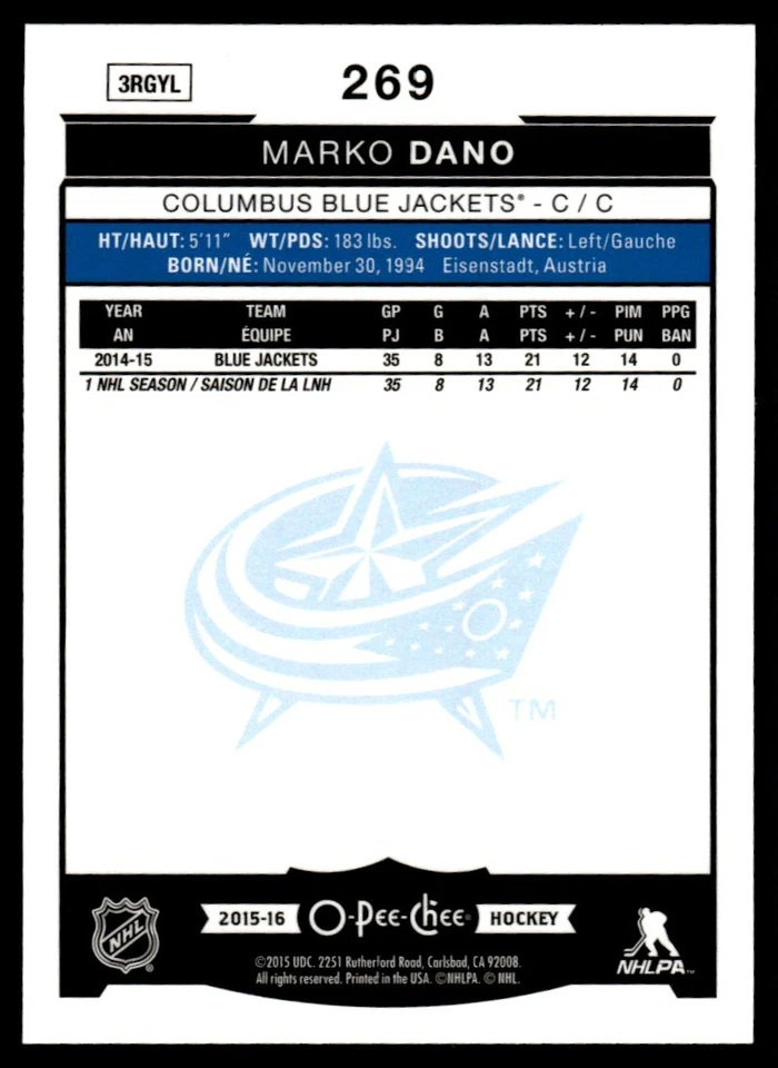 2015-16 O-Pee-Chee Rainbow Marko Dano Columbus Blue Jackets #269 - Image 2 of 2