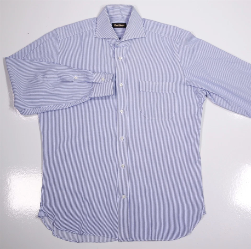 Paul Stuart Blue White Striped Slim Fit Cotton Dress Shirt (39) 15.5- - Image 2 of 4