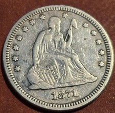 1871 Seated Silver Liberty Quarter No Mint Mark Ungraded Circulated has 3 Arrows