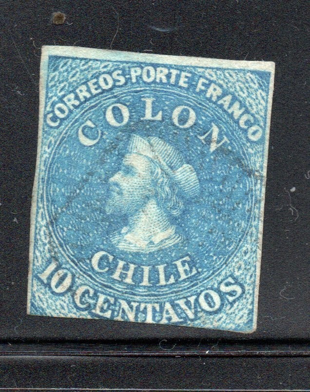 CHILE 1862 10c Bright Blue Colon - London Printing - 3 Wide Margins   #IA001