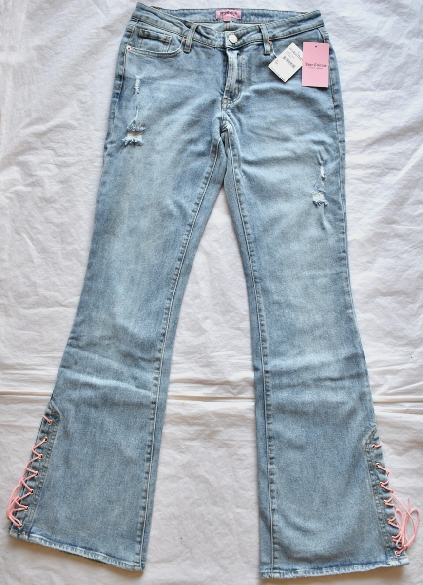 JUICY COUTURE LOW RISE MALIBU LIGHT WASH LACE-UP FLARE JEAN