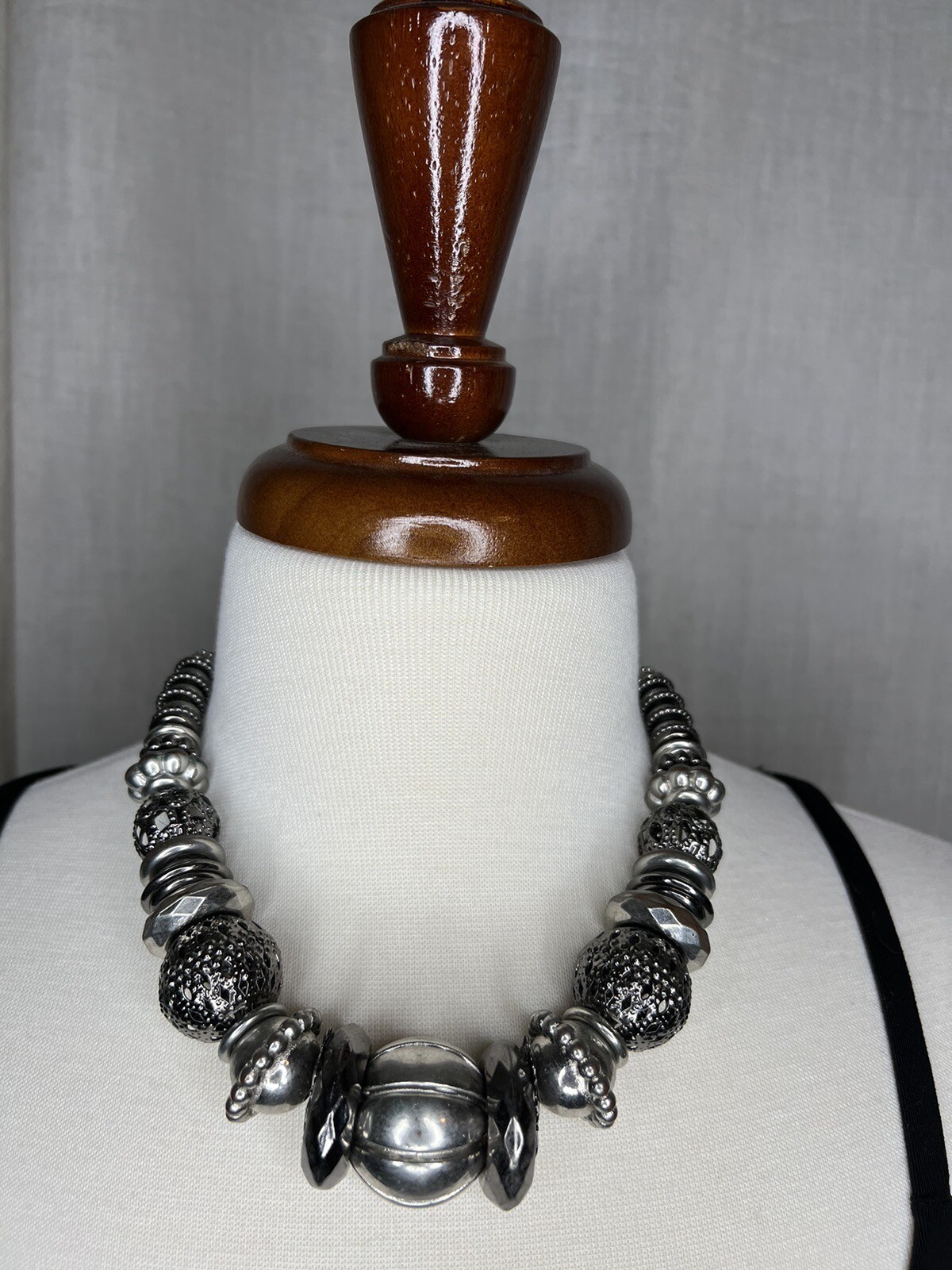 Large Beaded Silver Antiqued Statement Necklace - image 2