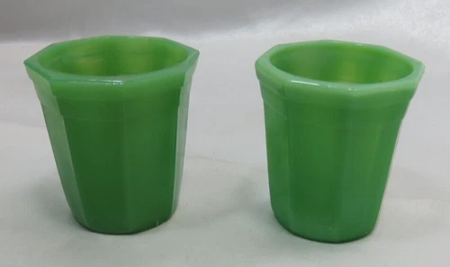 AKRO Slag Agate Glass Child's Set of Two 1-3/4" diameter Green Tumblers 1940s