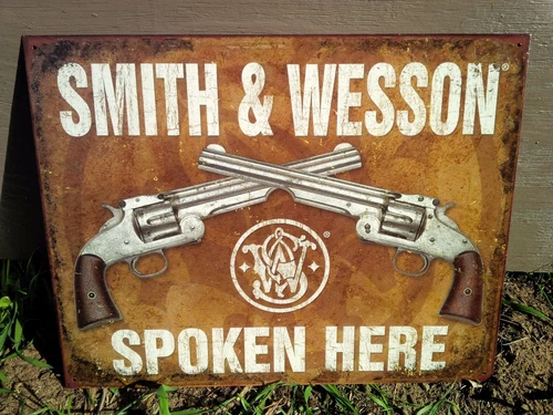 Smith and Wesson Spoken Here Guns Tin Metal Sign Wall Garage Classic Revolvers