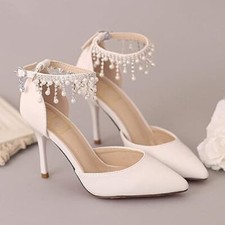 Women's 7.5 Ankle Strap Pointed Toe Stilettos High Heel Wedding Pump With Pearls