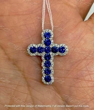 2Ct Round Cut Blue Sapphire Cross Pendant 14K White Gold Finish 18" Free Chain